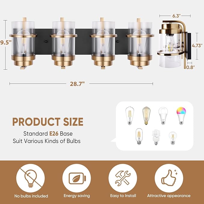 Black Gold Wall Sconces,Bathroom Vanity Light Fixtures,4 Lights Black Sconce Over Mirror,Farmhouse Bathroom Lights(Bulbs not Included)-Ruum Studio Home