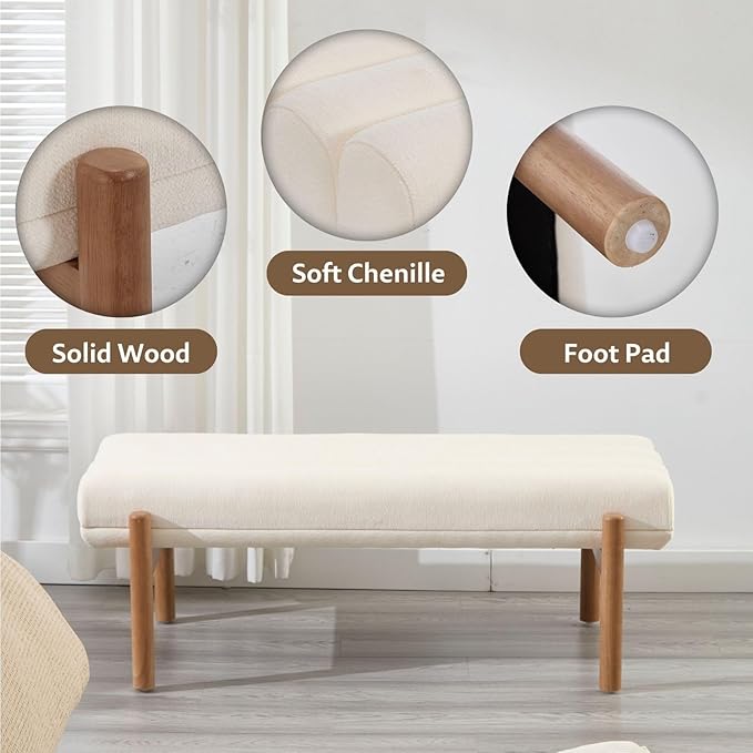 White Modern Bench Upholstered End of Bed Bench Chenille Fabric Bedroom Bench for Entryway Living Room Vanity Makeup Room, 47" Long, Wooden Legs-Ruum Studio Home