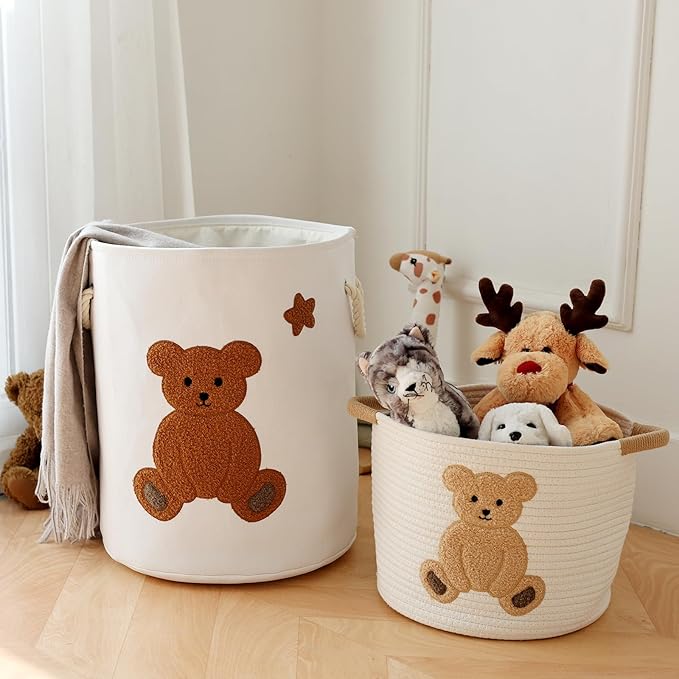 INough Cotton Rope Basket Toy Storage Baskets for kids Laundry Hamper, Gift Basket Empty Baby Shower Baskets with Handles, Cute Bins Blanket Stuffed Animal Storage for Nursery, Living Room Decor, Bear-Ruum Studio Home