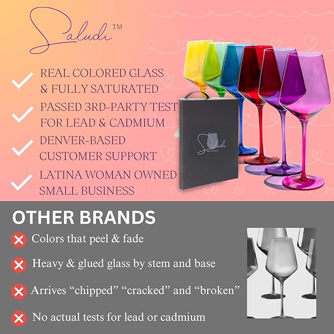 Saludi Colored Wine Glasses, 16.5oz (Set of 6) Stemmed Frida-Color Glass - Great for all Wine Types and Occasions - Luxury, Durable, Hand-Blown-Ruum Studio Home