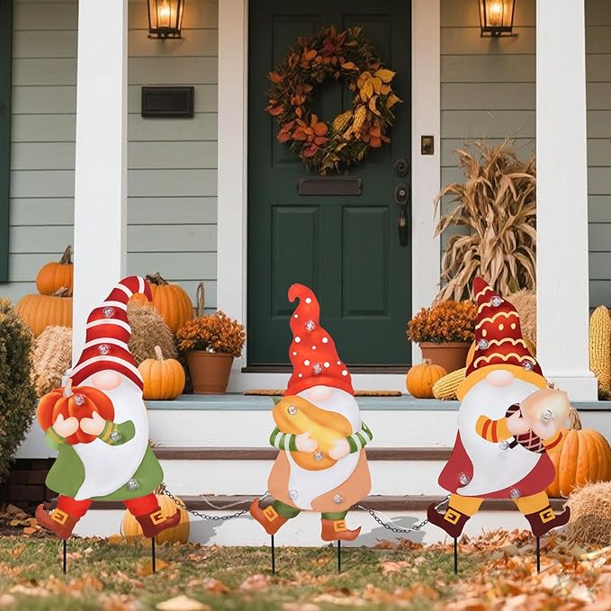 WONDER GARDEN 3 PCS Fall Yard Sign Metal Gnomes Decorative Garden Stakes with Led Lights Autumn Harvest Pumpkin Thanksgiving Garden Lawn Porch Patio Decorations Outdoor-Ruum Studio Home