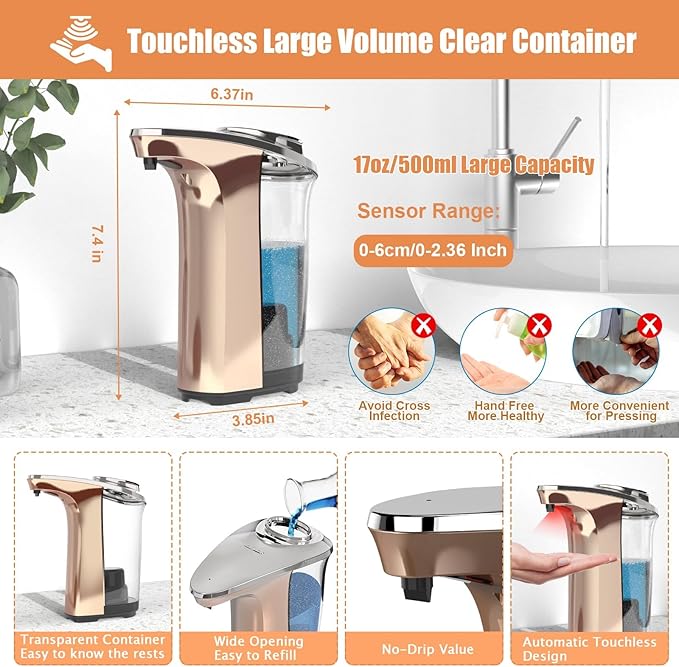 Automatic Soap Dispenser, PZOTRUF Touchless 17oz/500ml with Upgraded Infrared Sensor, 5 Adjustable Soap Dispensing Levels, Liquid Hand Soap Dispenser for Bathroom (Rose Gold)-Ruum Studio Home