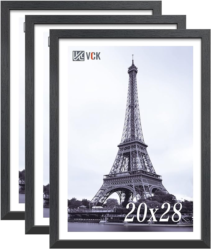 VCK 20x28 Poster Frame Set of 3 - Black, Textured Exclusive Solid Wood Picture Frames, Wall Hanging-Ruum Studio Home