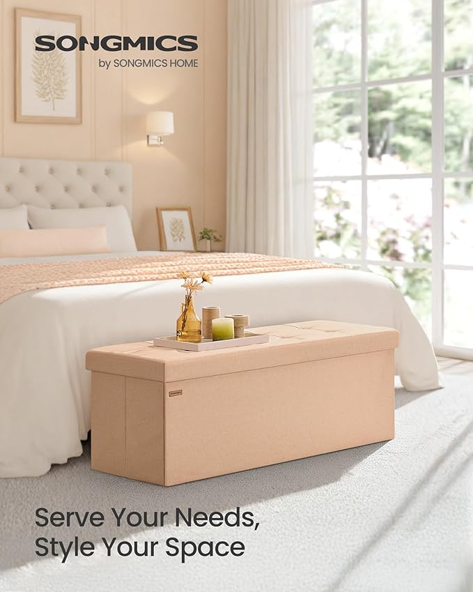 SONGMICS Mazie Collection - Storage Ottoman Bench, 43 Inches Folding Foot Rest Stool, End of Bed Bench, Easy Assembly, for Living Room, Bedroom, Entryway, Apricot Orange ULSF077O01-Ruum Studio Home