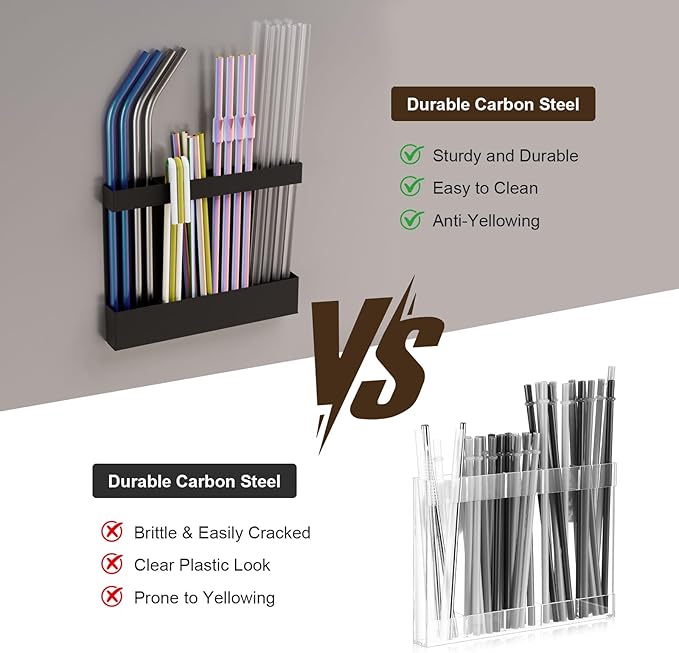 Magnetic & Adhesive Straw Organizer – Carbon Steel Utensil Holder for Reusable Straws, Chopsticks & Stirrers – Wall or Fridge Mount, Space-Saving Black Storage Rack-Ruum Studio Home