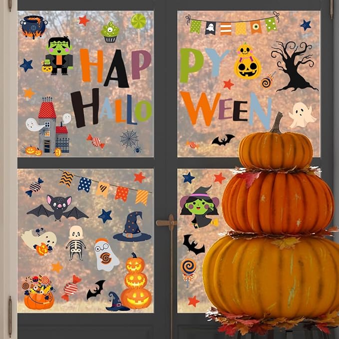 10 Sheets Halloween Window Clings Halloween Window Stickers Decorations Double-Sided Removable Castle Pumpkin Bat Glass Window Decals, Happy Halloween Window Clings for Kids Party Decorations-Ruum Studio Home