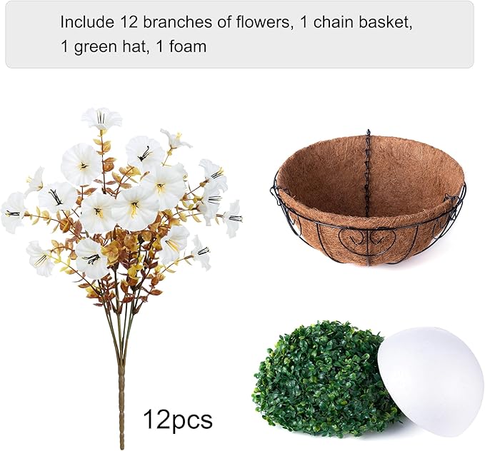 Artificial Fall Flowers Fake Hanging Plants Flowers Basket for Outdoors Autumn Decoration, Silk Morning Glory with Eucalyptus Look Real UV Resistant Faux Flowers for Outside Porch Patio Balcony, White-Ruum Studio Home