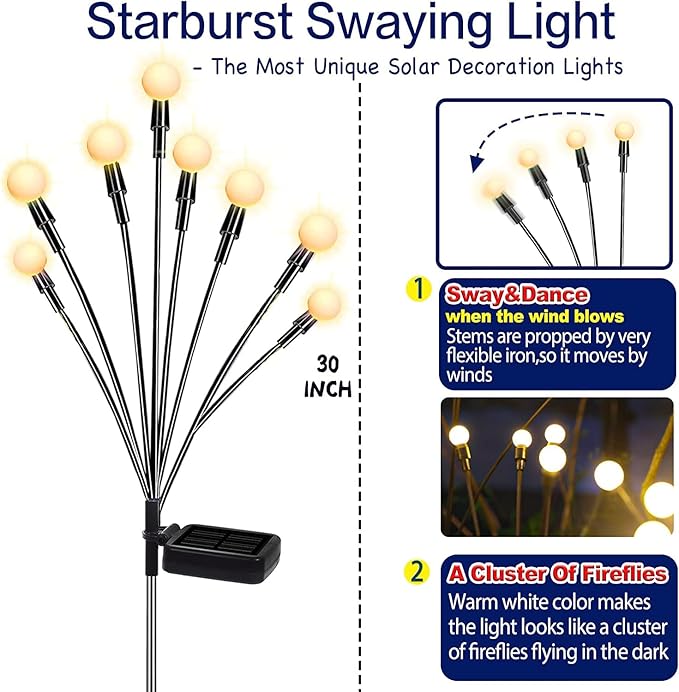 TONULAX Solar Garden Lights - Upgraded Solar Swaying Light, Sway by Wind, Outdoor Lights, Yard Patio Pathway Decoration, High Flexibility Iron Wire & Heavy Bulb Base, Warm White (4 Pack)-Ruum Studio Home