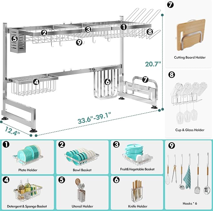 MAJALiS Over Sink Dish Drainer Drying Rack, 2 Tier Stainless Steel Dish Rack Over Sink Sink Length Adjustable (33.5-40 in), Expandable Drainer Shelf Rack with Multifunctional Organizers, Sliver-Ruum Studio Home
