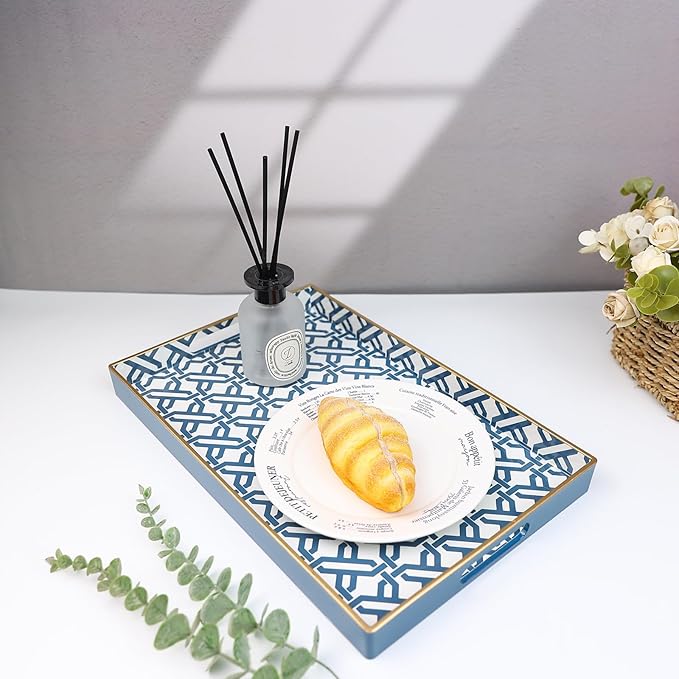 Spsyrine White Serving Tray, Plastic Marbling Tray for Coffee Table, Stylish Rectangular Decorative Tray with Handles, Ottoman Tray for Living Room, Bathroom, 15.6” X 10.2"-Ruum Studio Home