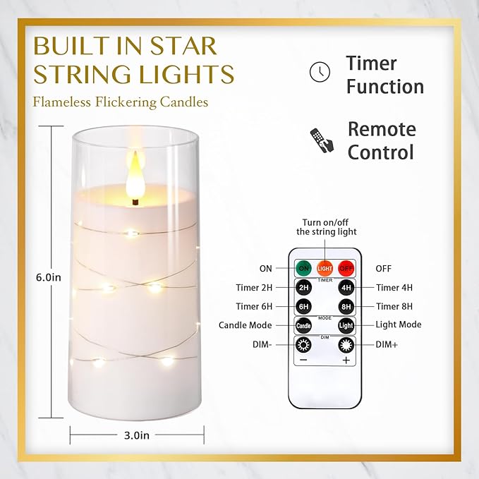 NURADA Flickering Flameless Candles: Built-in Star String Lights, Acrylic Battery Operated LED Pillar Candles with Remote and Timer for Romantic Mood Home Decoration - 2 Pack Pure White-Ruum Studio Home