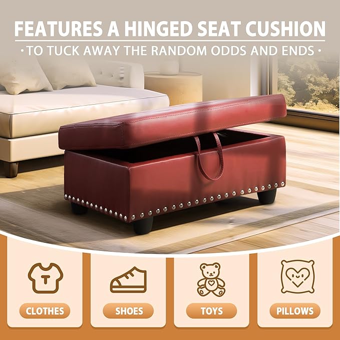 Ottoman Rectangular Storage Ottoman Bench, Faux Leather Footrest, Coffee Table, Stool Footstool with Hinged Lid for Living Room, Bedroom, Entryway, Red, 28.5"x19"x17.5"-Ruum Studio Home