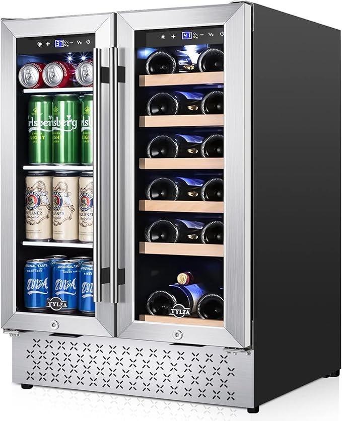 Tylza Wine and Beverage Refrigerator 24 Inch Dual Zone, French Door Wine and Beverage Cooler 24'' Built-In or Freestanding Drink Fridge, Under Counter Beer Refrigerator-Ruum Studio Home