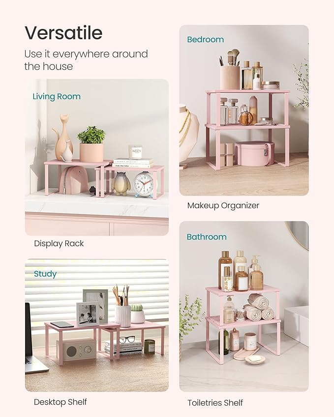 SONGMICS Cabinet Organizer Shelf, Set of 2 Kitchen Counter Shelves, Kitchen Storage, Spice Rack, Stackable, Expandable, Metal and Engineered Wood, Jelly Pink UKCS020S01-Ruum Studio Home