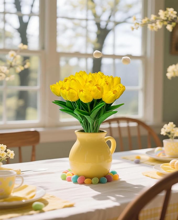 Yellow Artificial Tulip Flowers 15PCS Real Touch Faux PU Tulips Bouquet Faux Spring Flowers for Floral Arrangements Table Centerpiece Kitchen Home Mothers Day Easter Summer Decorations-Ruum Studio Home