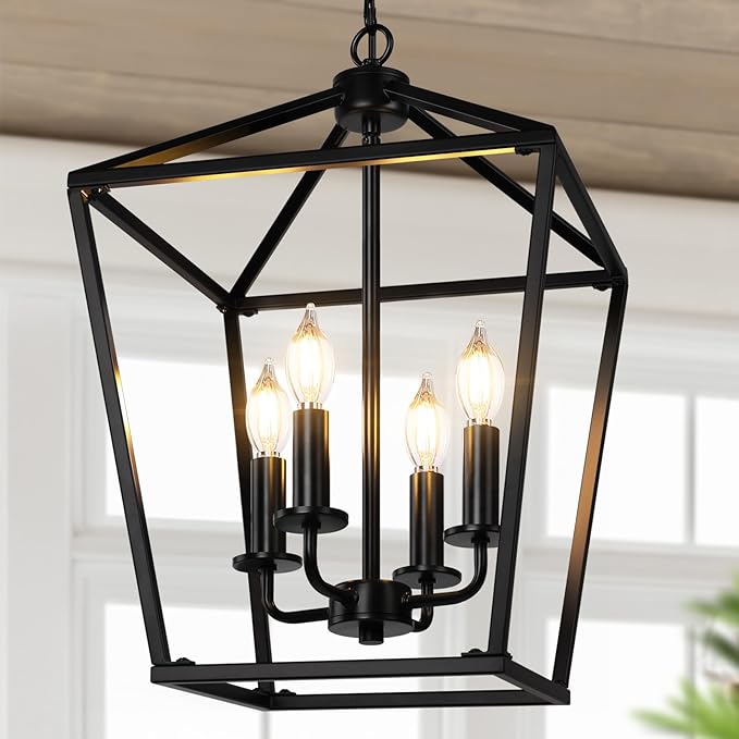 Farmhouse Chandelier 4-Light, Black Pendant Light Fixture for Kitchen Island Dining Room, Lantern Industrial Lighting Ceiling Hanging with Metal Cage Adjustable Height for Entryway Foyer-Ruum Studio Home