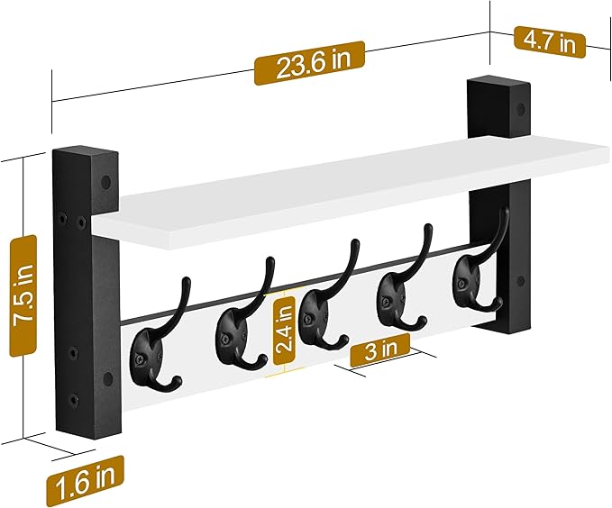 Sorbus Coat Hooks Wall Mount with Shelf – 24 Inch Coat Rack Wall Mount with 5 Heavy Duty Hooks – Floating Wall Shelf with Hooks for Entryway, Bathroom, Bedroom, Kitchen, or Mudroom (White)-Ruum Studio Home