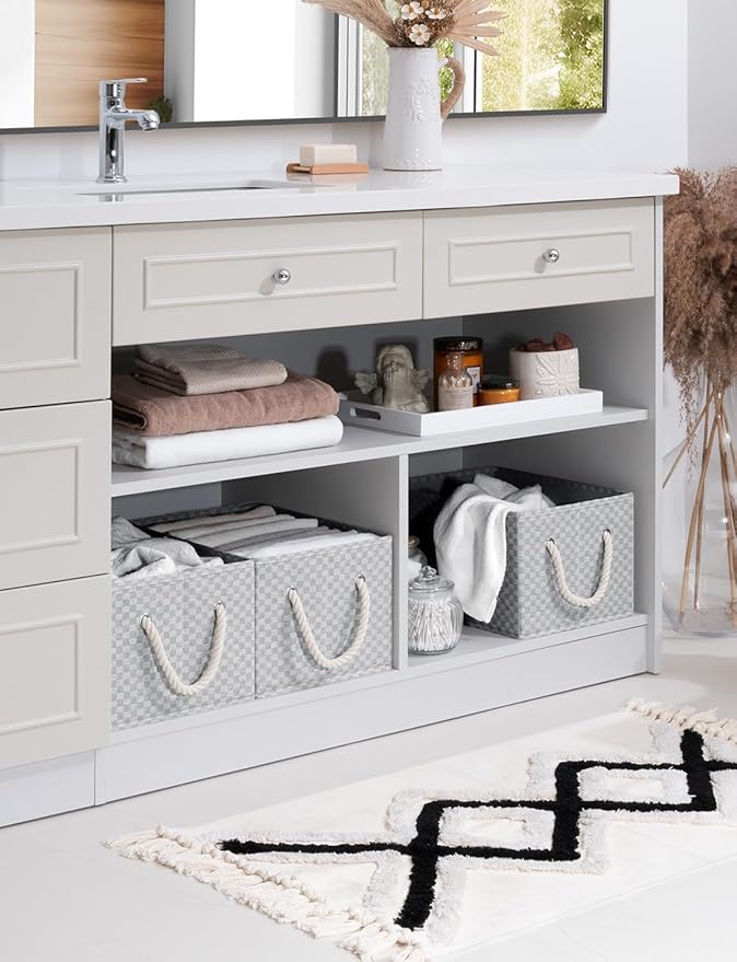 StorageWorks Storage Baskets for Shelves, Foldable Fabric Closet Storage Bins with Handles, Fabric Storage Bins Clothes Organizer, Gray Check, 3-Pack, Large-Ruum Studio Home