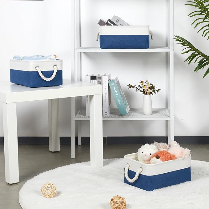Bidtakay Small Storage Baskets for Shelves 3 Pack Fabric Storage Bins for Organizing Linen Collapsible Organizer for Closet-White&Blue-Ruum Studio Home