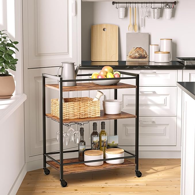 HOOBRO Bar Cart for The Home, Serving Cart with Wine Glass Hooks, Rolling Kitchen Cart with Lockable Wheels, 25.2 x 15.7 x 33.3 Inches Beverage Cart with Storage Shelves, Rustic Brown BF02TC01-Ruum Studio Home
