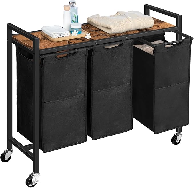 HOOBRO Laundry Sorter 3 Section, Laundry Hamper with Wheels, 3 × 11.5 Gal (43.5 L), Rolling Laundry Basket, Pull-Out and Removable Oxford Fabric Laundry Bags, Rustic Brown and Black BF76XY01-Ruum Studio Home