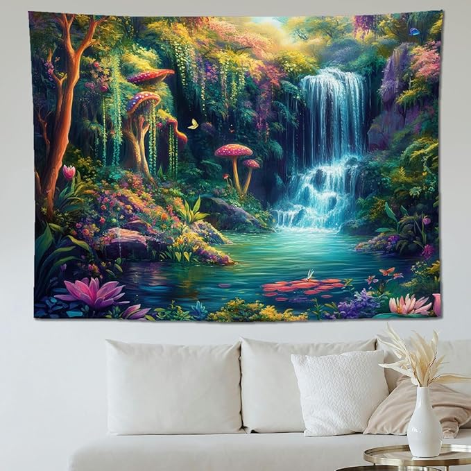 keowhsf Forest Waterfall Tapestry with Mushrooms and Flowers – Colorful Floral Plants Natural Landscape Wall Art, Fantasy Aesthetic Wall Hanging for Bedroom Decor-Ruum Studio Home