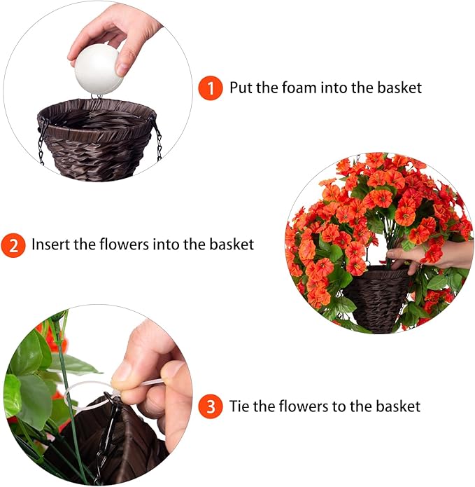Artificial Fake Hanging Flowers Plants Baskets for Outdoor Fall Decoration, Faux Silk Orange Morning Glory in Planter UV Resistant Look Real for Home Porch Patio Balcony Yard Decor-Ruum Studio Home