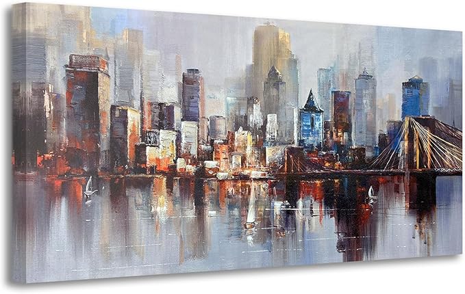Arjun Brooklyn Bridge Wall Art Modern New York City Abstract Canvas Cityscape Painting, NYC Skyline Textured Picture for Living Room Bedroom Home Office Wall Decor Extra Large Size Framed 58"x29"-Ruum Studio Home