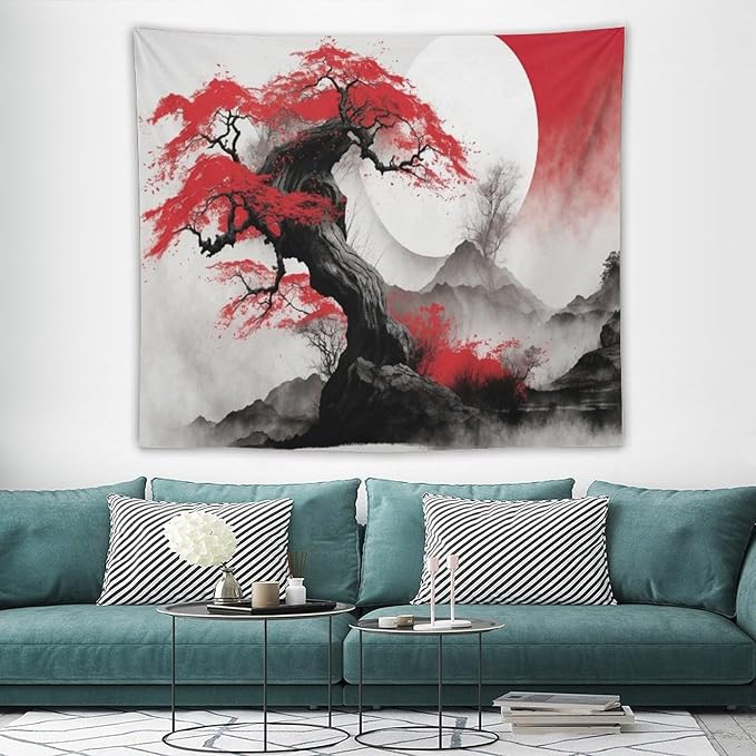 Cherry Blossoms Tapestry,Japanese Red Landscape Asian Watercolor Abstract Art Tapestry,Japanese Wall Tapestry, Nature Landscape Tapestries for Bedroom Living Room Decor 60"x50"-Ruum Studio Home