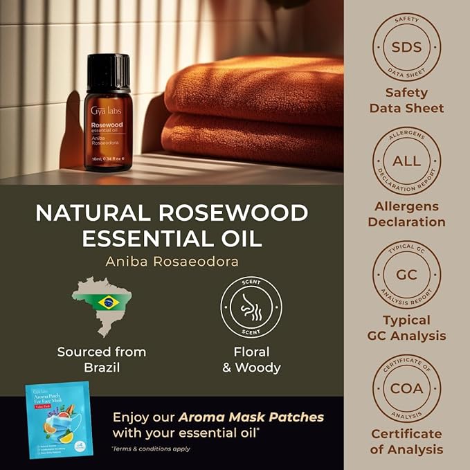 Gya Labs Rosewood Essential Oil for Skin - 0.34 Fl Oz - 100% Pure Natural Rosewood Oil for Diffuser & Aromatherapy, Massage, Candle Making Scent-Ruum Studio Home