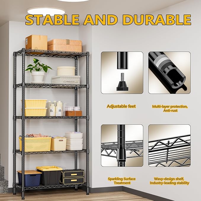 1250 lbs 5 Tier Shelf Metal Storage Shelves Shelving Wire Rack Heavy Duty Closet Organizers for Garage Kitchen Bathroom Laundry Black 15.7" D x 33.5" W x 68.5" H-Ruum Studio Home
