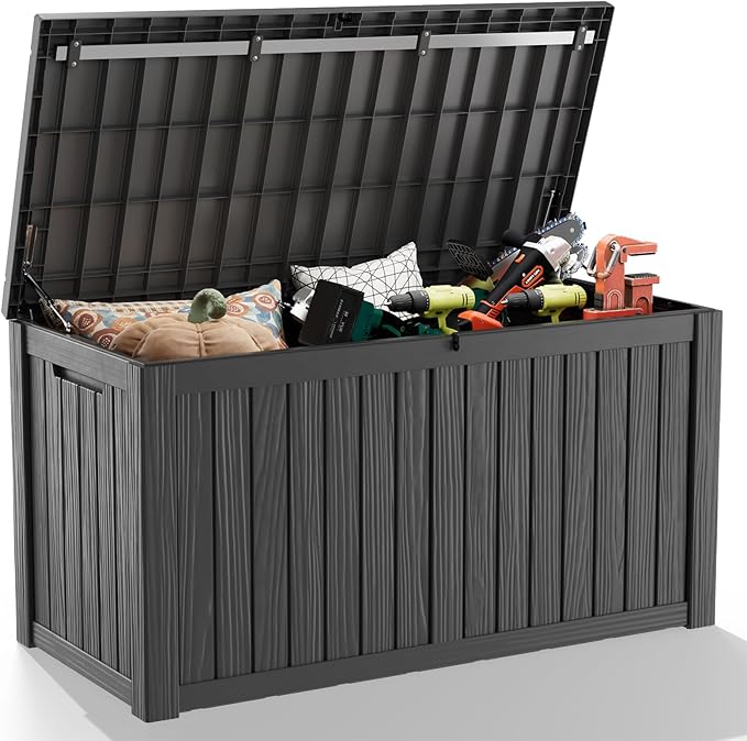 DRATO 150 Gallon Outdoor Storage Box, Large Waterproof Deck Box, Lockable Resin Storage Container with Reinforced Support for Patio Cushions, Garden Tools, UV-Resistant Outdoor Chest（Black）-Ruum Studio Home