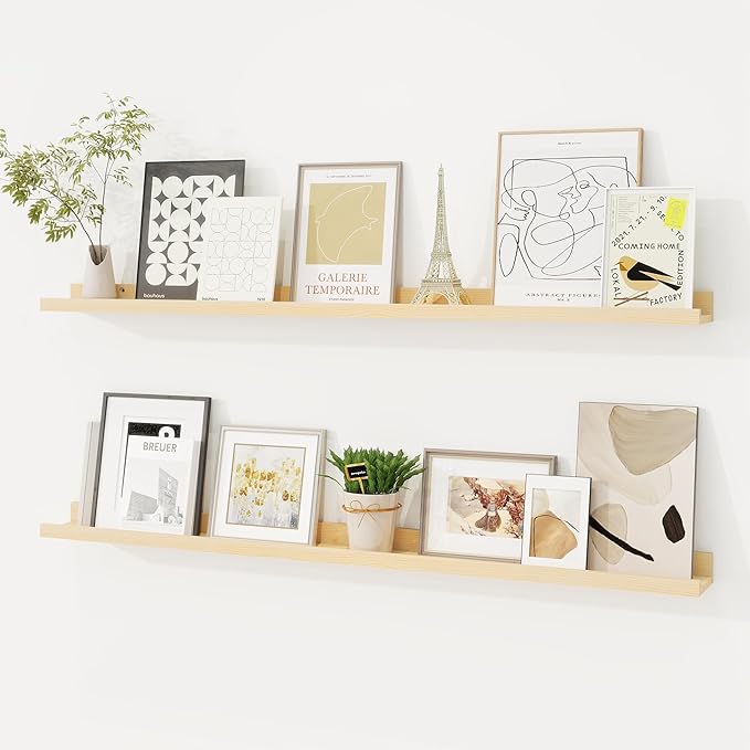 Picture Ledge Shelf, Solid Pine Wood Floating Shelves Set of 2, 40 Inches Nursery Book Shelves for Toys Storage, Kids Bookshelf Wall Mounted for Living Room Decor Photo Frames, Unfinished Natural-Ruum Studio Home