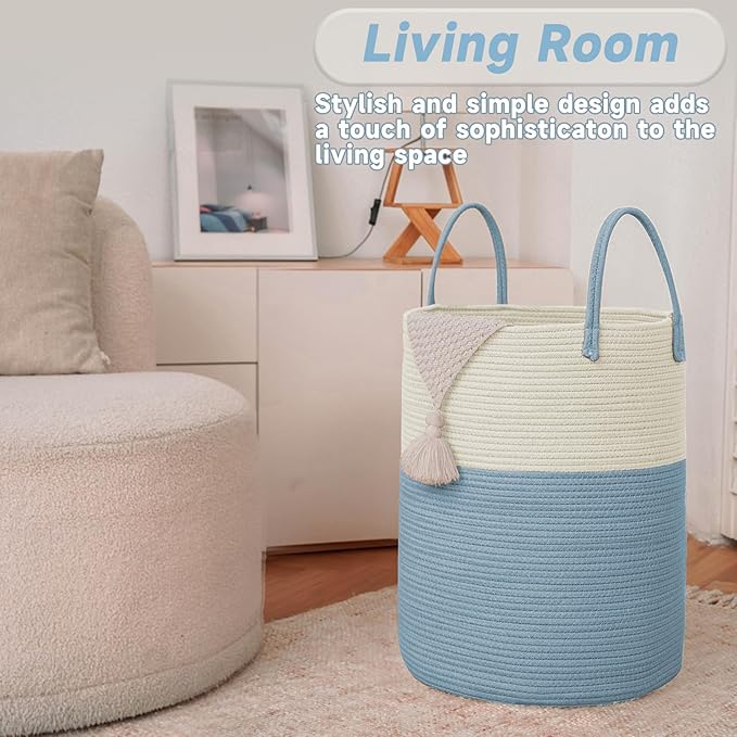 Large Woven Laundry Basket Hamper,60L Cotton Rope Storage Bin for Blankets,Toys and Clothes,Decorative Tall Nursery Hamper for Living Room,Baby Nursery,Bathroom and Bedroom,White and Blue-Ruum Studio Home