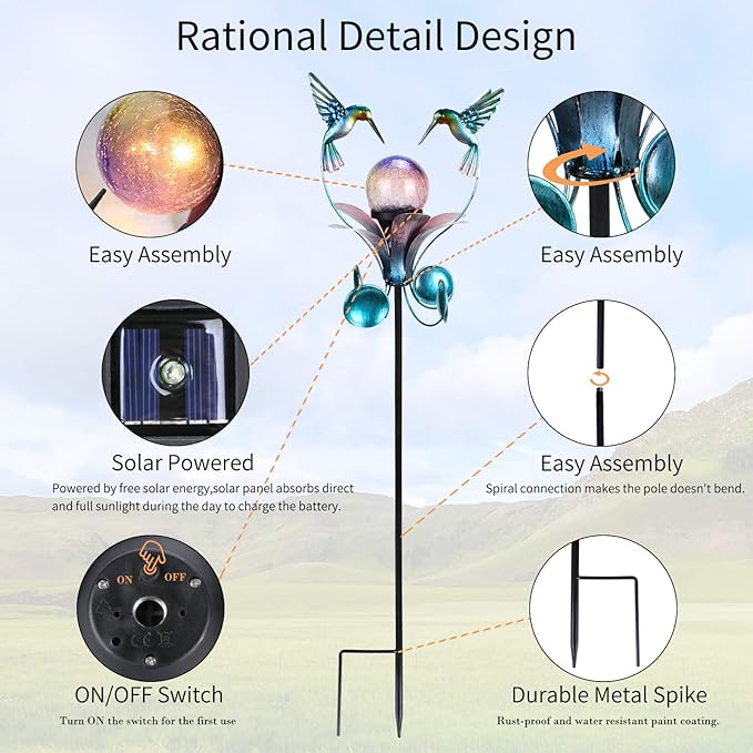 VCUTEKA Solar Lights Outdoor Metal Garden Stake Waterproof Crackle Glass Globe Garden Decor Hummingbird for Pathway, Lawn, Patio, Yard-Ruum Studio Home