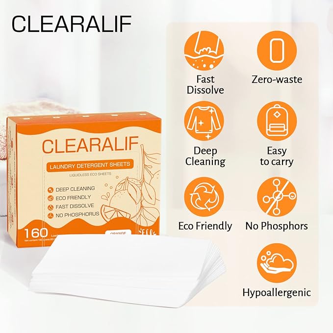 CLEARALIF Laundry Detergent Sheets (320 Loads), Orange,Great For Travel,Apartments, Dorms,CLEARALIF Laundry Detergent Strips Eco Friendly & Hypoallergenic (80 Count, Pack of 2)-Ruum Studio Home