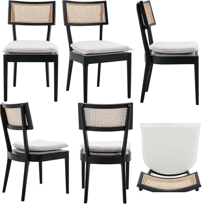 Rattan Dining Chairs Set Of 2 , Mid Century Modern Black Wooden Cane Back Chairs with Removable Linen Cushion , Retro Farmhouse Upholstered Kitchen & Dining Room Chairs for Restaurant Living Room-Ruum Studio Home