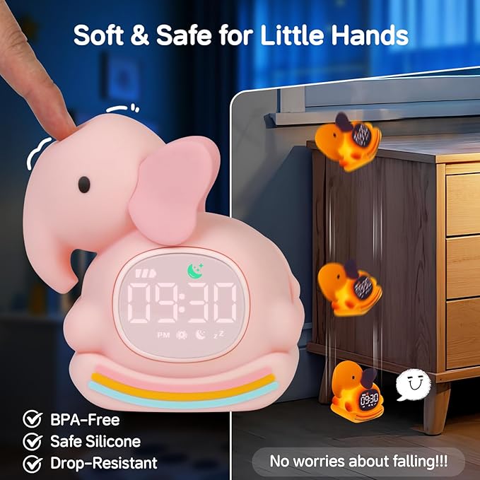 Alarm Clock for Kids with Night Light, Sleep Training Clock Time to Wake Clock, Rechargeable Silicone Light for Bedroom, Perfect Sleep Companion for Boys Girls, Pink Elephant-Ruum Studio Home