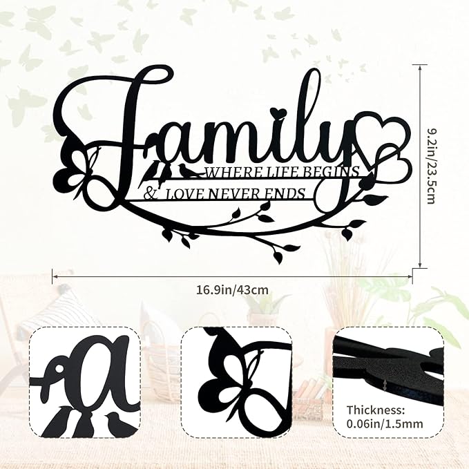 Family Sign Black Metal Wall Art Decor, Oppro Family Where Life Begins Love Never Ends Wrought Iron Wall Decorations, Hanging Plaque Letters Signs Home Decor for Living Room Bedroom Dining Room Kitchen Mother's Day Father's Day-Ruum Studio Home