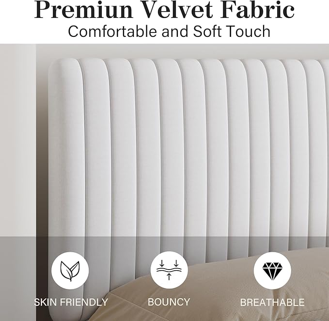 Queen Size Bed Frame with Headboard, Velvet Upholstered Platform Bed with Vertical Channel Tufted Design, No Box Spring Required, Easy Assembly, White-Ruum Studio Home