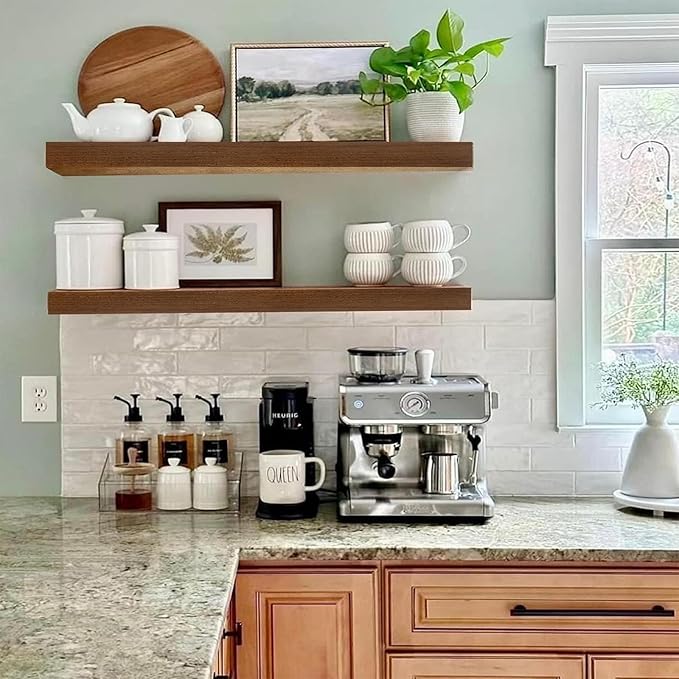 IAE Walnut Floating Wall Shelves 24 inch, Bathroom Shelves Wall Mounted,Invisible Shelves Floating Kitchen Shelves,Wooden Wall Shelves with Brackets for Living Room Wall Mounted,Easy Install,Set of 2-Ruum Studio Home