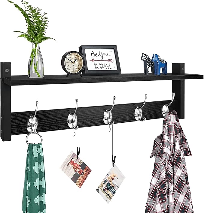 Homode Coat Rack Wall Mount with Shelf, 24" Long Entryway Shelf with Hooks Underneath, Wooden Coat Hanger for Hanging Hats, Bathroom Towels, Clothes, Black-Ruum Studio Home