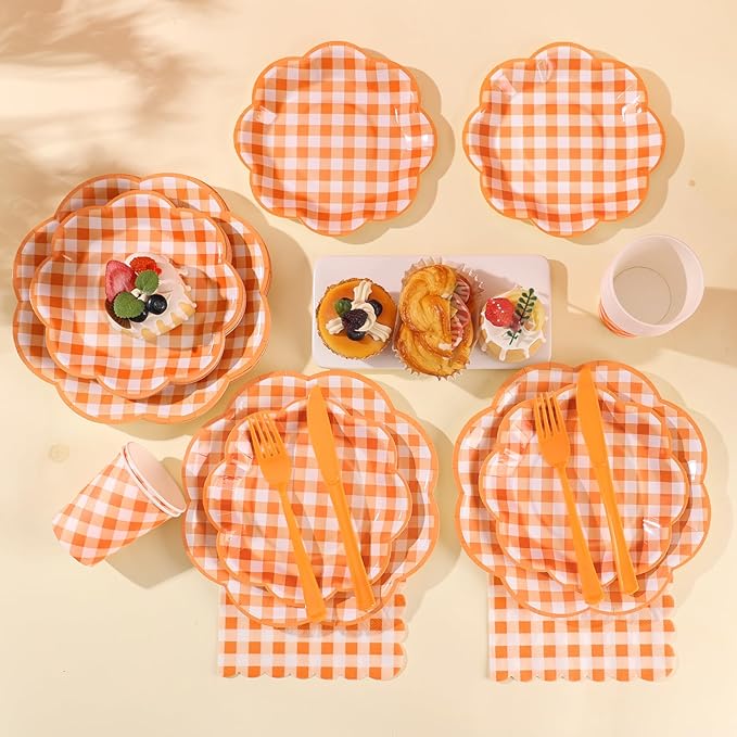 175 Pcs Orange and White Gingham Party Supplies - Orange Gingham Paper Plates and Napkins Sets Serve 25 - Scalloped Checkered Plates for Birthday Picnic Fall Halloween Thanksgivng Party Decorations-Ruum Studio Home
