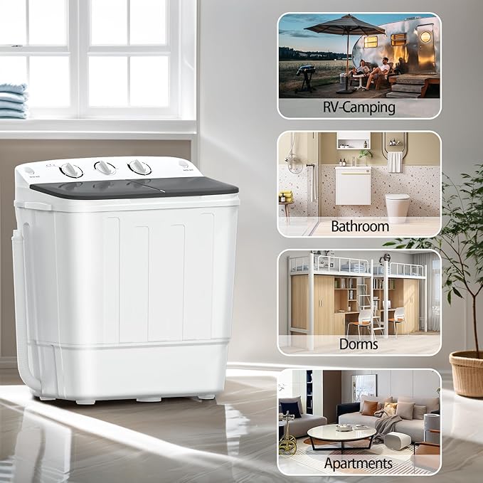 Portable Mini Twin Tub 18lbs Washing Machine With Drying Rack& 10 Hangers, 11lbs Washer & 7lbs Spinner, Small Laundry Washer with Time Control for Camping, Apartments, RV (18lbsBlack)-Ruum Studio Home