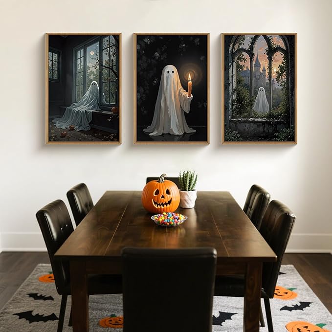 LHIUEM Large Halloween Cute Ghost Framed Canvas Wall Art Set,Vintage Spooky Wall Decor,Retro Dark Prints,Midnight Candle Poster Artwork for Living Room,Bathroom,Dining Room -16"x24"x3-Ruum Studio Home