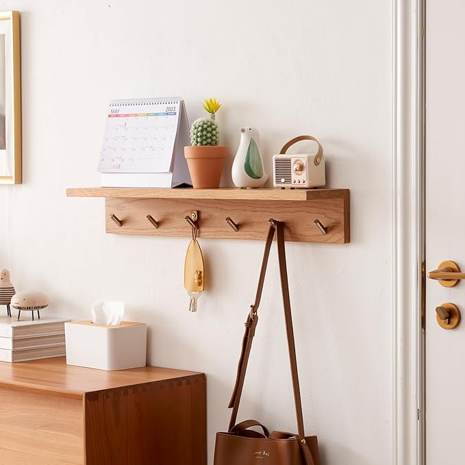 Oak Wood Wall Shelf with 6 Hooks, Entryway Shelf Coat Rack with Hooks Floating Shelves with Hooks for Clothes Hats Towel Purse Robes, Bathroom Mudroom Bedroom (27.5 inch)-Ruum Studio Home