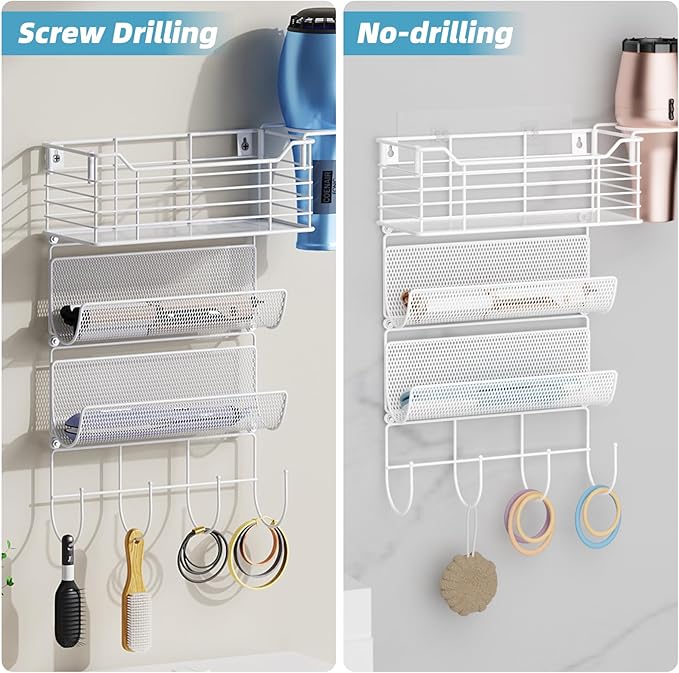 VITVITI Metal Hair Tool Organizer Wall Mount, Hair Dryer Holder with 3 Tier Shelf Basket Hooks, Bathroom Hair Styling Tool Organizer for Curling Iron/Blow Dryer/Straightener, White-Ruum Studio Home