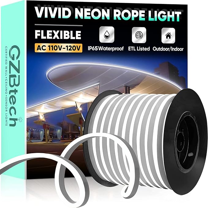 GZBtech Flexible LED Neon Rope Lights 100FT,AC 110-120V Waterproof Strip Light, 120 LEDs/M Cuttable Connectable Neon Lighting for Indoor Outdoor Home Decor/Commercial Building Use-Cold White 30M-Ruum Studio Home