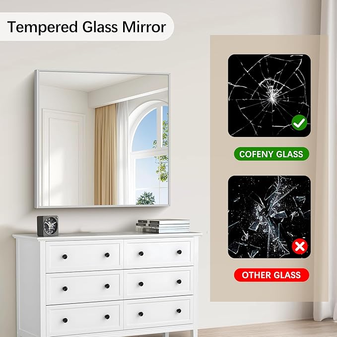 Silver Bathroom Mirror for Wall, 30x30 Inch Rectangle Mirrors with Metal Frame, Modern Vanity Wall Mirror Decor for Bathroom Living Room, Entryway Hangs Horizontal or Vertical-Ruum Studio Home