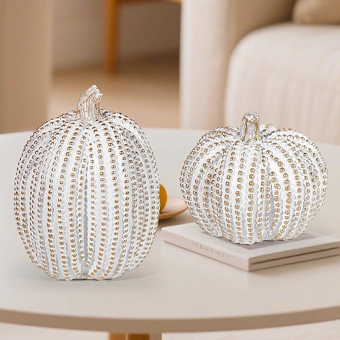 2Pcs Halloween Pumpkin Artificial Resin Pumpkins Decor for Mantel Harvest Autumn Tabletop Decoration Gold Fall Pumpkin Decorations Thanksgiving Table Centerpieces (Set A, ONE Size)-Ruum Studio Home